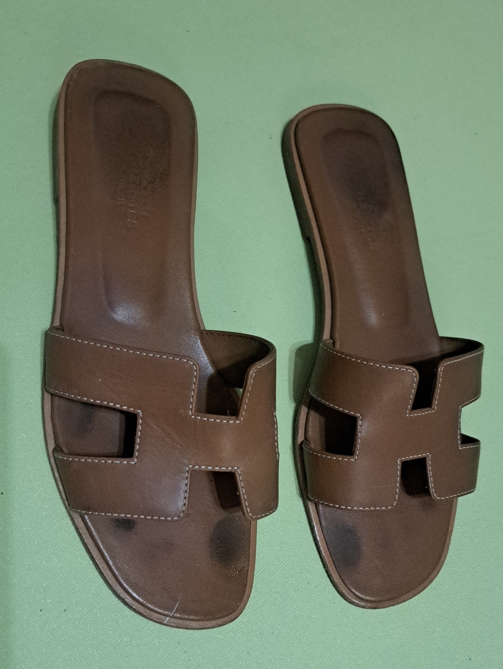 Hermes Oran Brown Leather H- Cut-out Slide Sandals Size 8